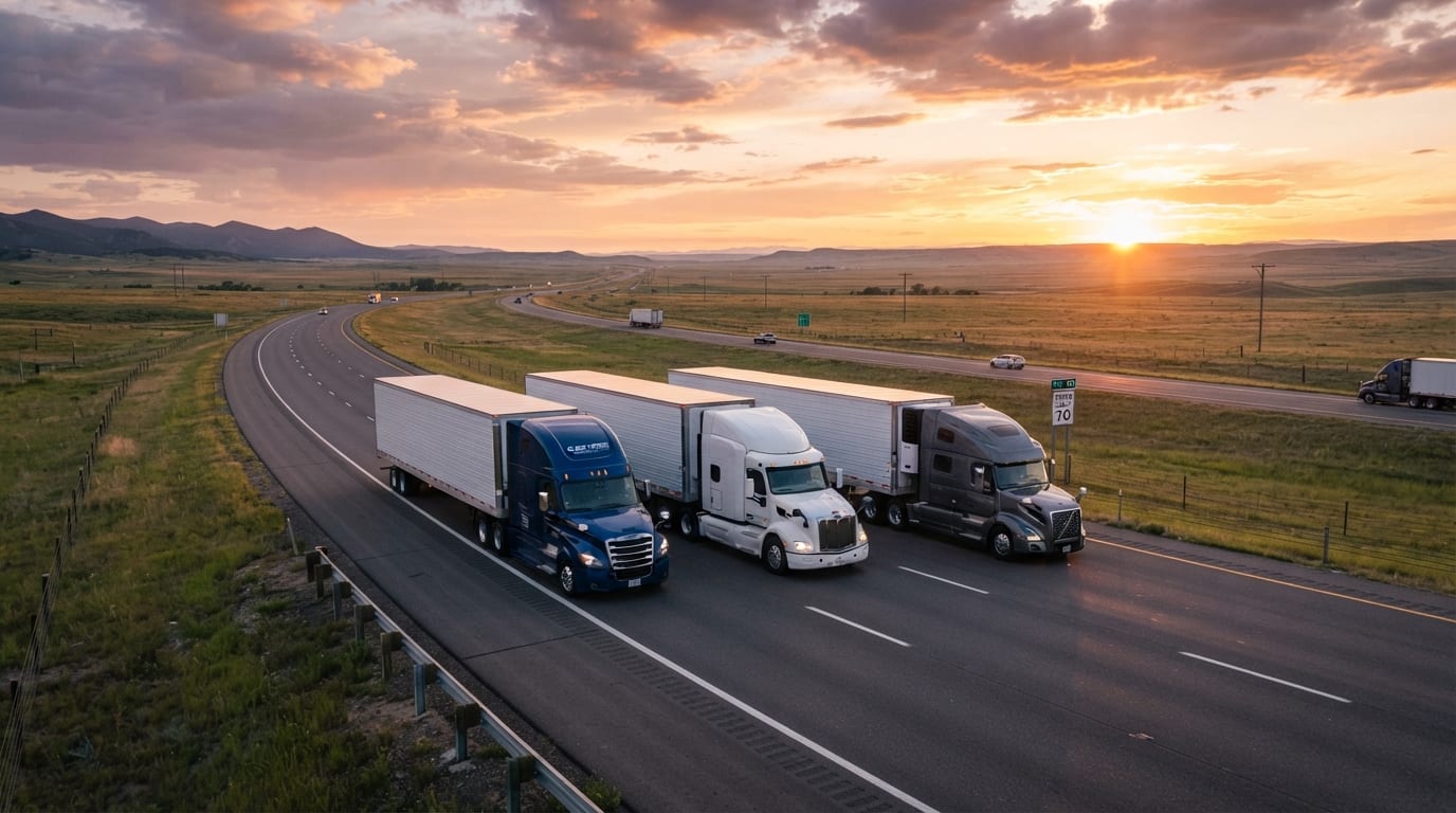 Tractor-trailers running a divided highway at sunset